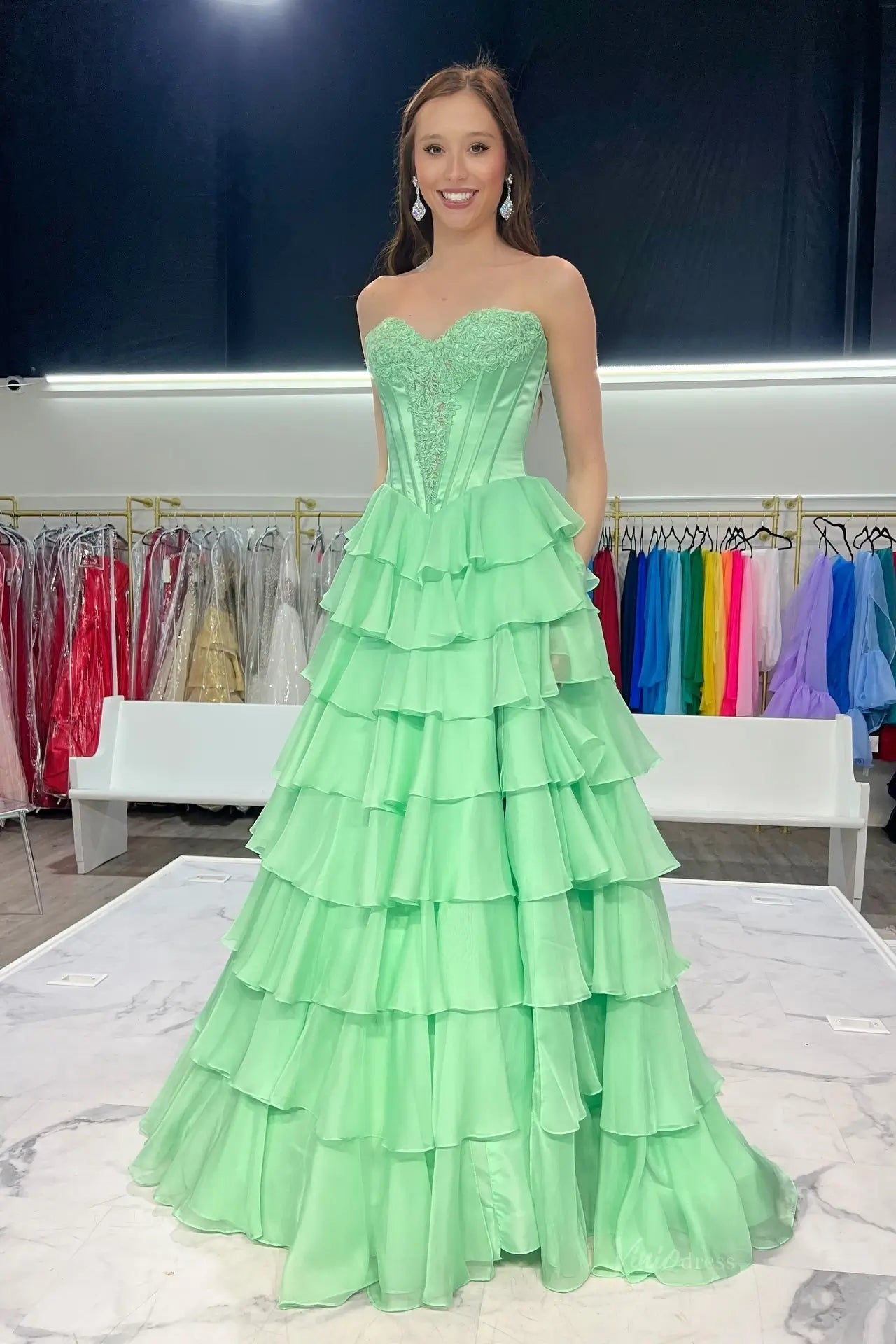 Mint Green Strapless Corset Prom Dress with Floral Lace Bodice & Tiered Ruffled Skirt RF312-prom dresses 2026-Viniodress-Mint-Custom Size – Add Measurements in Cart-