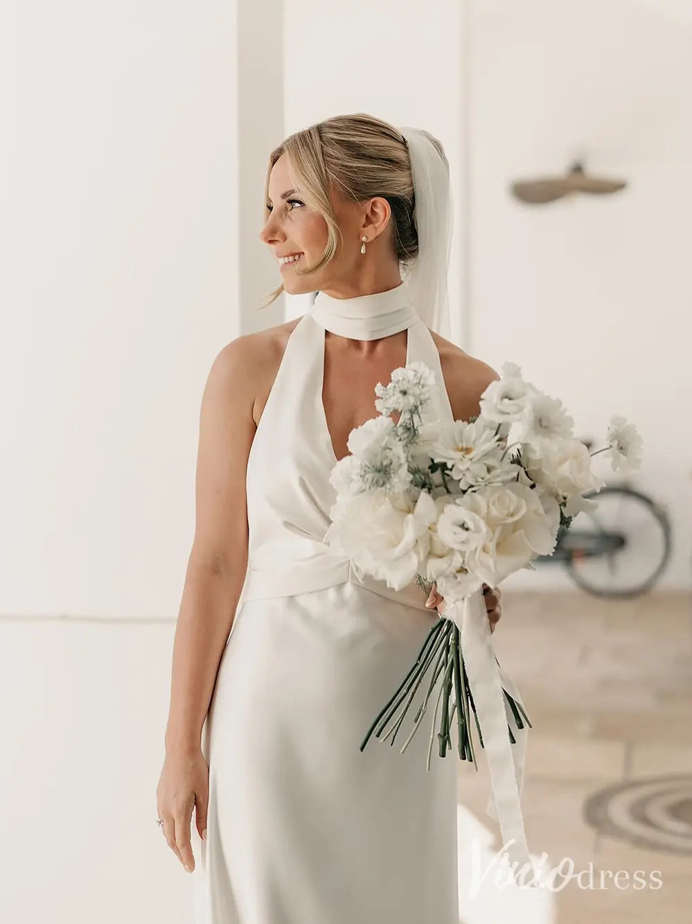 Halter Crepe Wedding Dress with V-Neck and Open Back MN103 Viniodress Halter Crepe Wedding Dress with V-Neck and Open Back MN103 Viniodress