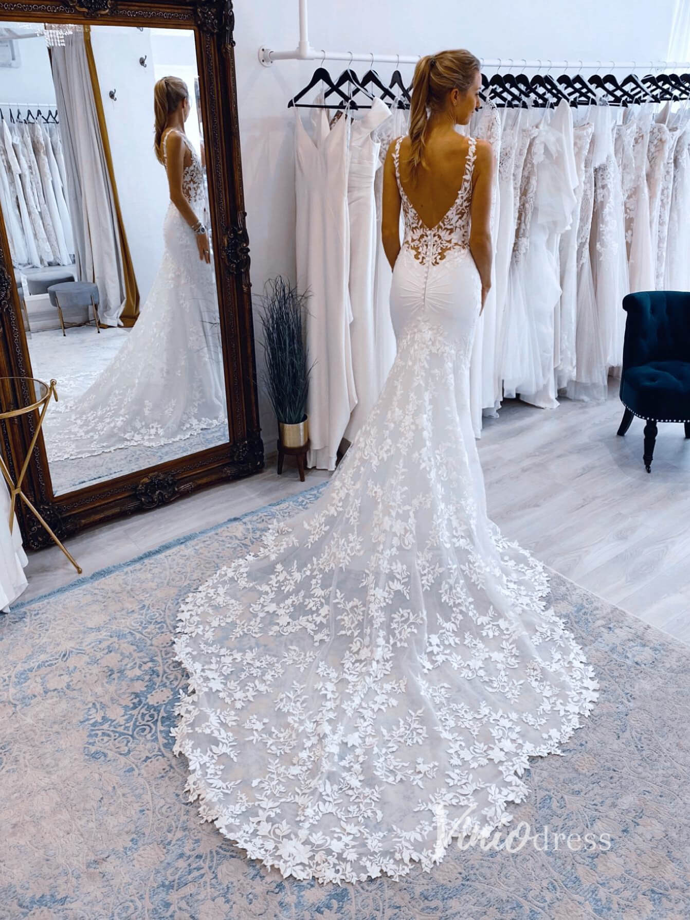 Modern Mermaid Wedding Dress | Backless Lace Gown with Asymmetrical Co Viniodress Modern Mermaid Wedding Dress | Backless Lace Gown with Asymmetrical Co Viniodress