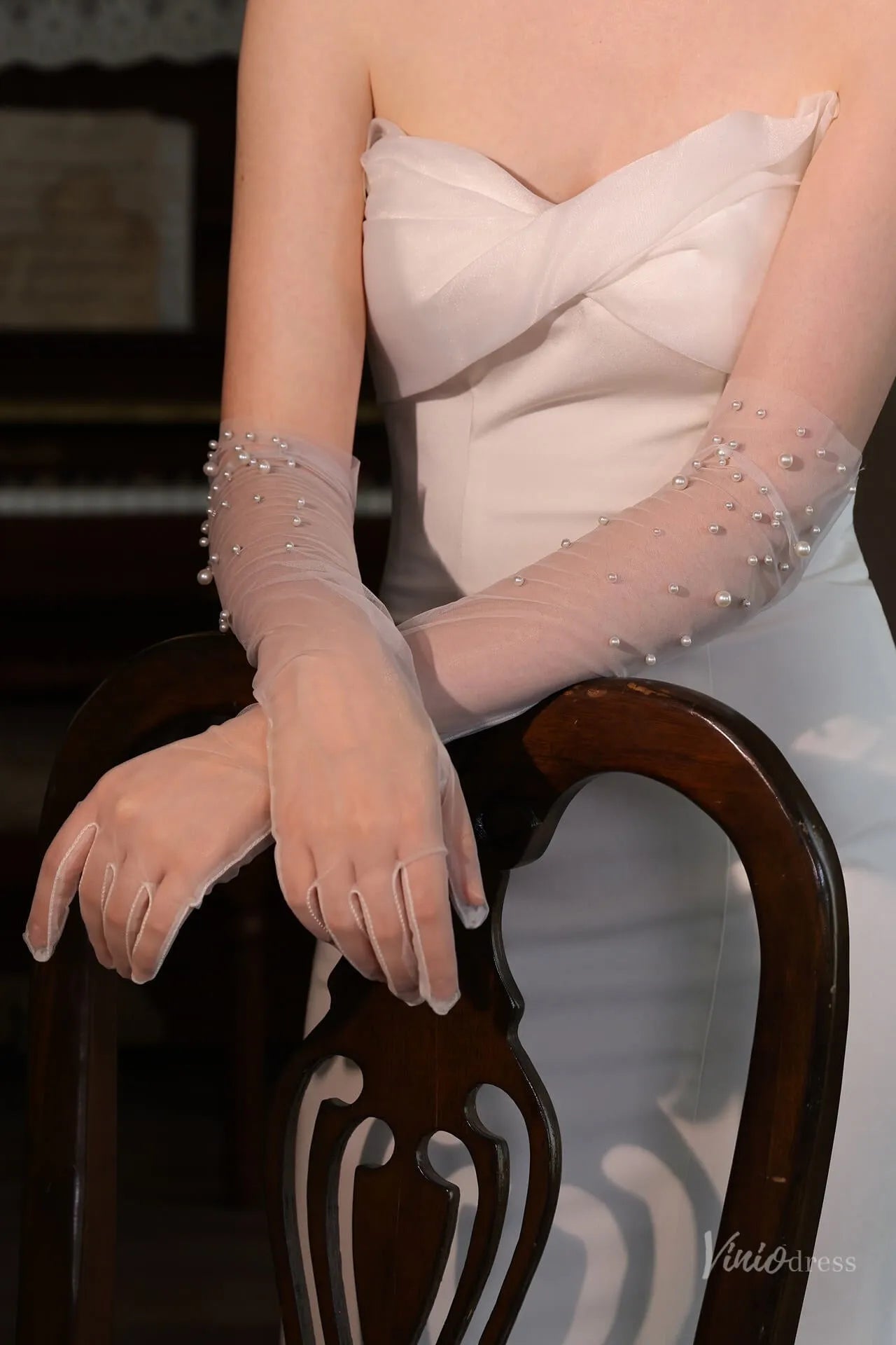 Modern Sheer Tulle Bridal Gloves with Pearls WG138-Bridal Gloves 2026-Viniodress-Ivory-