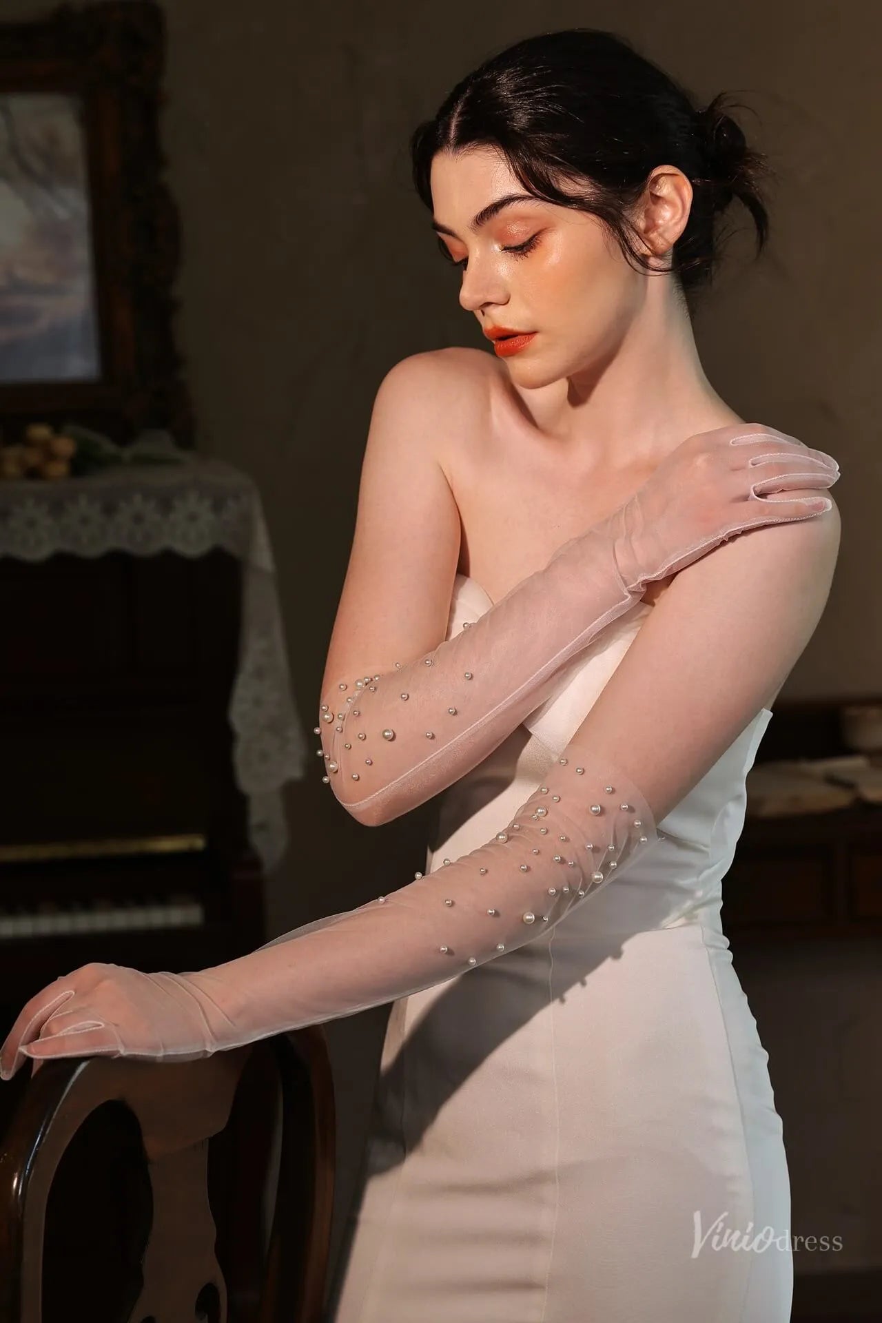 modern wedding dress with gloves Modern Sheer Tulle Bridal Gloves with Pearls WG138 – Viniodress