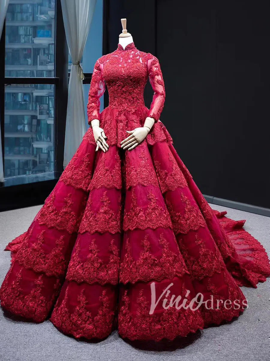 Modest Dark Red Lace Ball Gowns with Sleeves FD1217B viniodress – Viniodress
