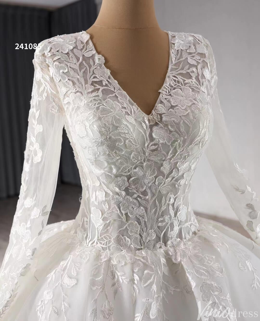 Modest Lace Long Sleeve Balll Gown Wedding Dresses V-neck Corset Back 241085-wedding dresses 2025 -Viniodress-Ivory-Custom Size-