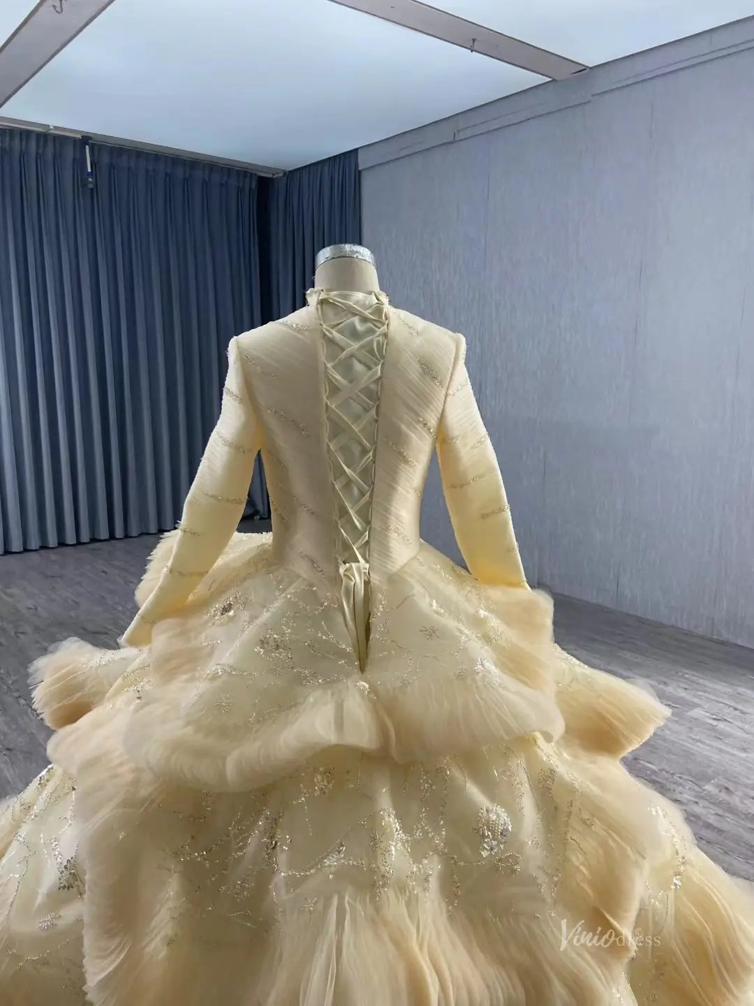 Modest Layered Muslim Wedding Dress High Neck Long Sleeve Ball Gown with Sparkly Appliques 251051-wedding dresses 2026-Viniodress-Ivory-Custom Size-