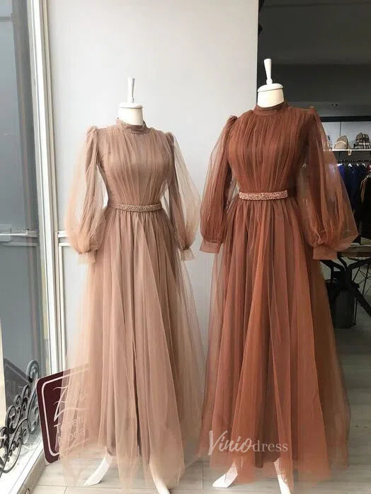 Modest Long Tulle Formal Evening Dress with Bishop Sleeve FD1452-prom dresses 2025 -Viniodress-Khaki-Custom Size-