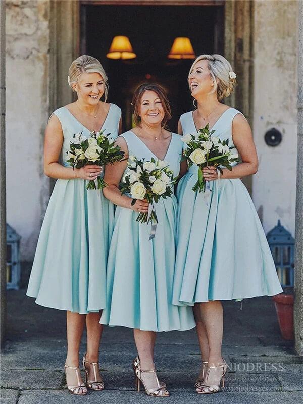 Modest Midi Length Light Blue Plus Size Bridesmaid Dresses VB1037 – Viniodress Modest Midi Length Light Blue Plus Size Bridesmaid Dresses VB1037 – Viniodress