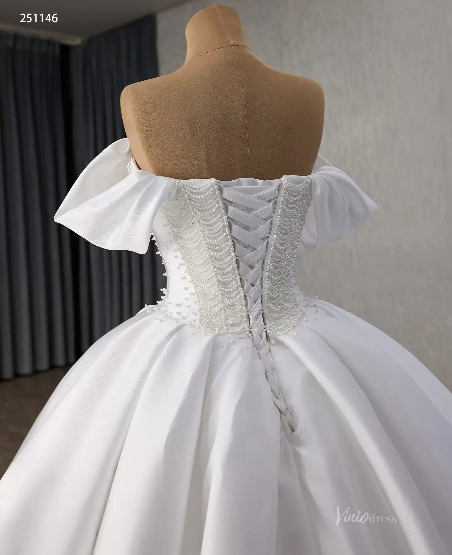 Modest Off-the-Shoulder Satin Wedding Dress| Pearl Bodice Ball Gown with Basque Waist & Corset Back 251146-wedding dresses 2025 -Viniodress-Ivory-Custom Size-