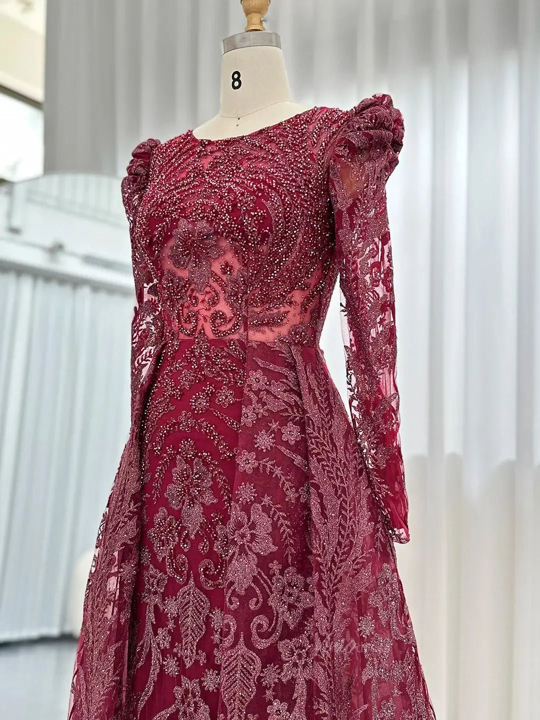 Modest Overskirt Formal Dresses Long Sleeve Beaded Prom Dresses 20087B-Evening Dresses 2025 -Viniodress-Navy-US 2-