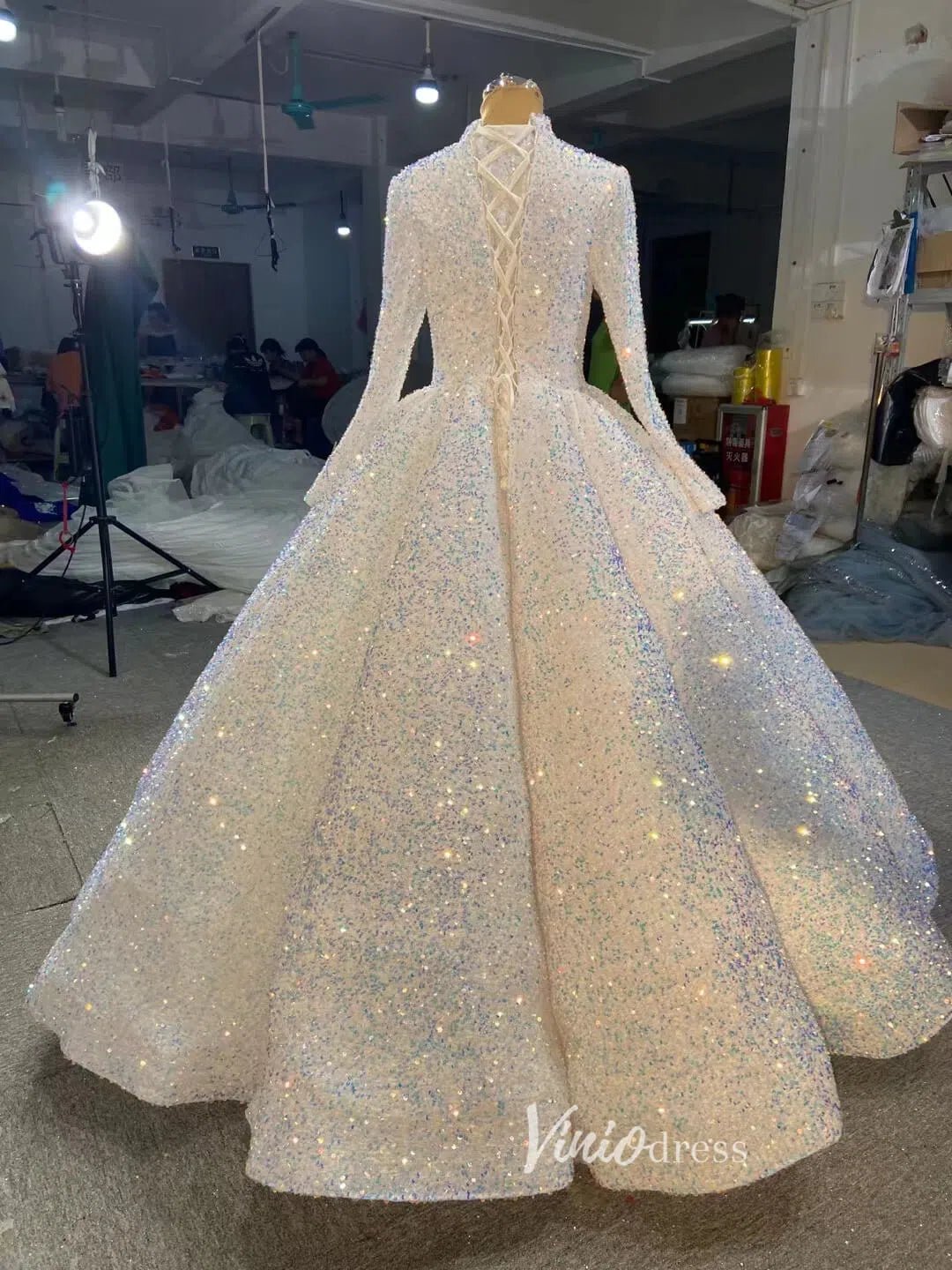 Modest Purple Wedding Gown High Neck 66991 Long Sleeve-Quinceanera Dresses 2025 -Viniodress-Purple-Custom Size-