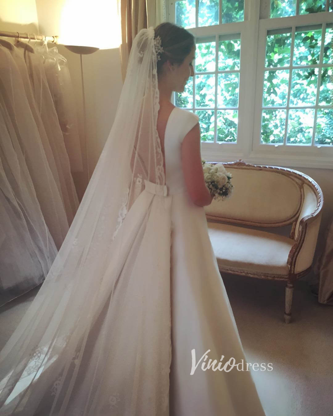 Modest Satin Minimalist Wedding Dresses Cap Sleeve VW1842-wedding dresses 2025 -Viniodress-Ivory-Custom Size-