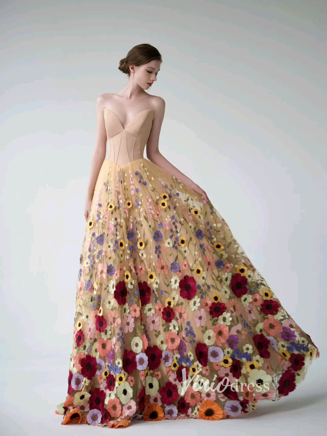 Multi-Color Floral Bottom Satin Bodice Prom Dresses Strapless Corset b Viniodress Multi-Color Floral Bottom Satin Bodice Prom Dresses Strapless Corset b Viniodress