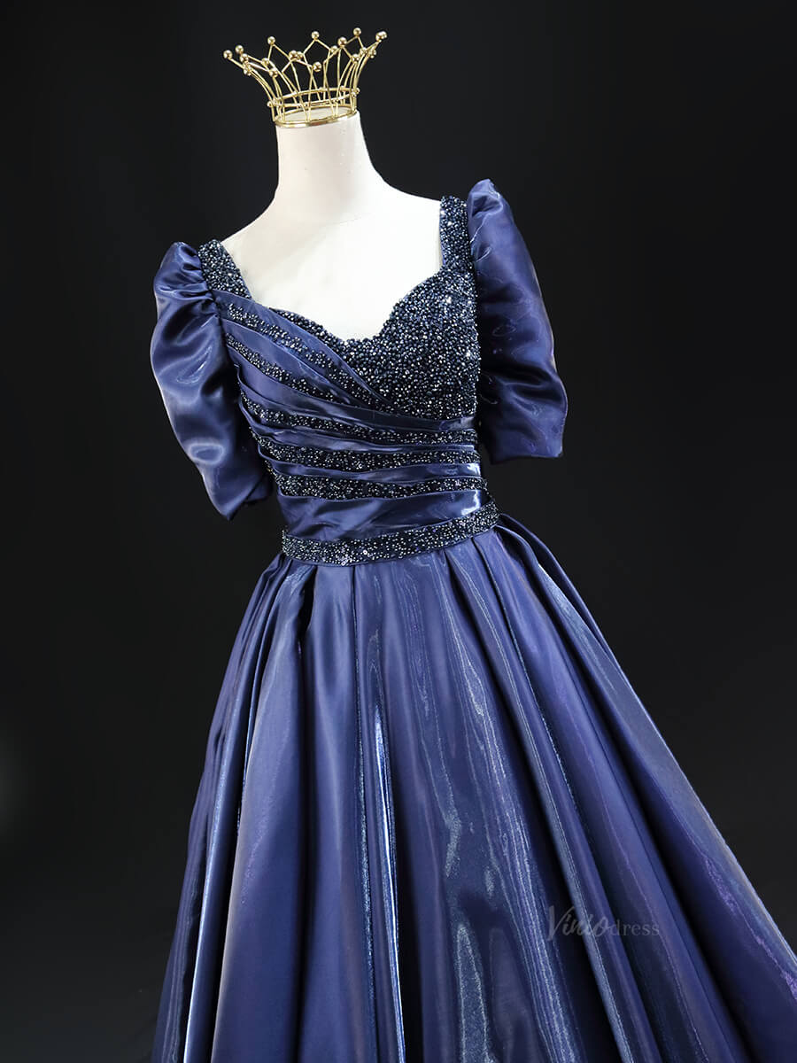 Navy Blue Satin Prom Dresses with Puffed Sleeve, Beaded Bodice, Formal Dresses SU018-prom dresses 2025 -Viniodress-Navy Blue-Custom Size-