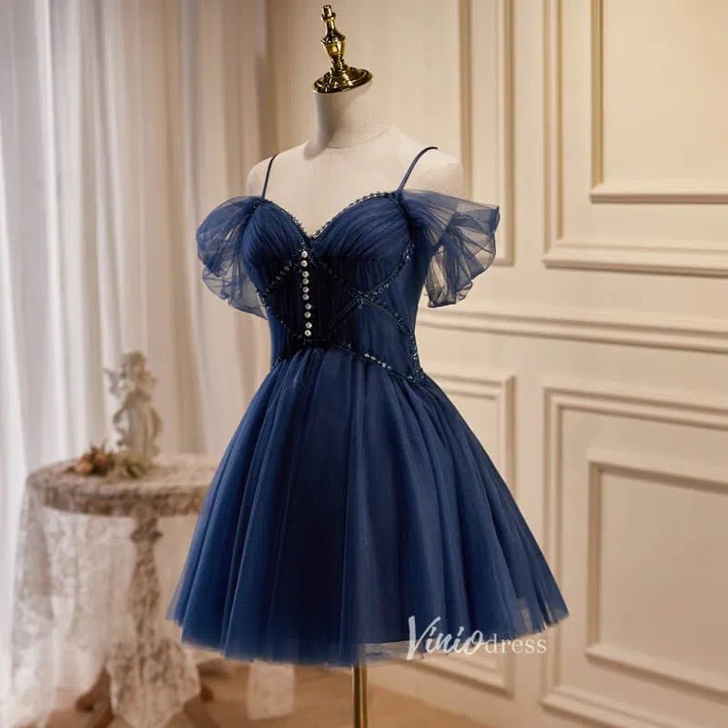 Navy Blue Tulle Homecoming Dresses Spaghetti Strap Short Prom Dress SD1586-prom dresses 2025 -Viniodress-Navy Blue-Custom Size-