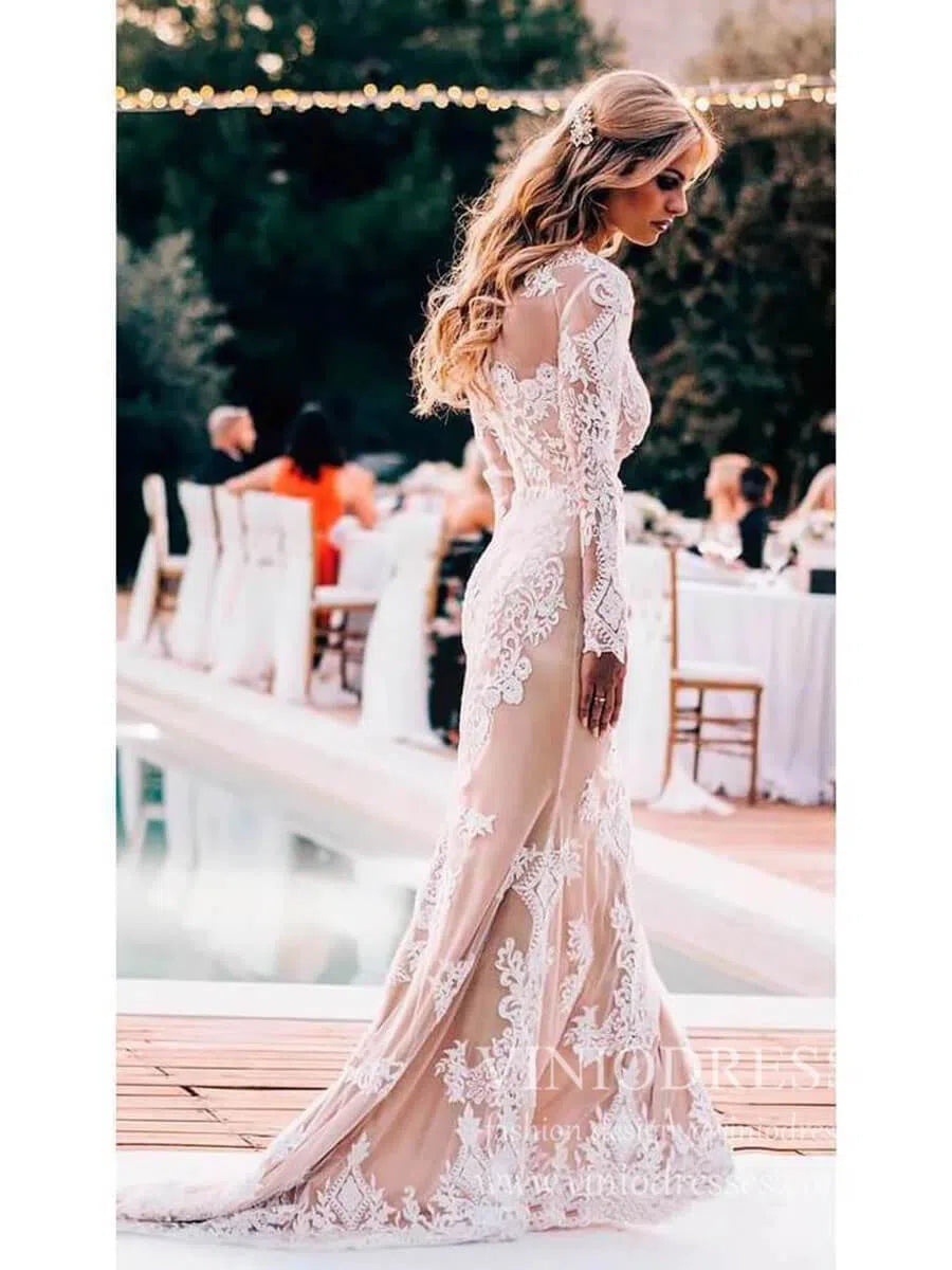 Nude Lace Boho Mermaid Wedding Dresses with Long Sleeves VW1438 – Viniodress