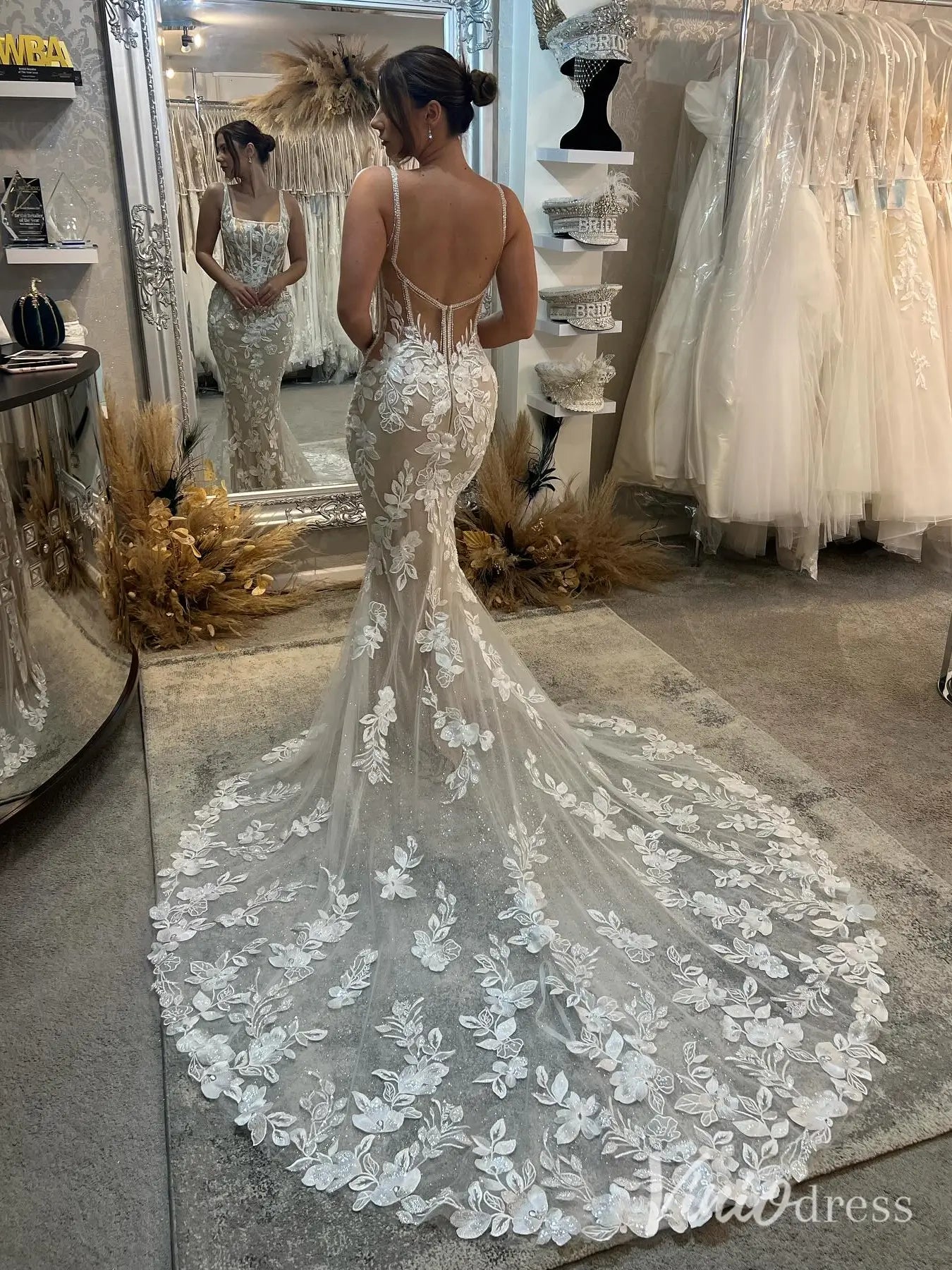 Nude Mermaid Wedding Dress with Square Neck & Lace Train ML106 Viniodress Nude Mermaid Wedding Dress with Square Neck & Lace Train ML106 Viniodress
