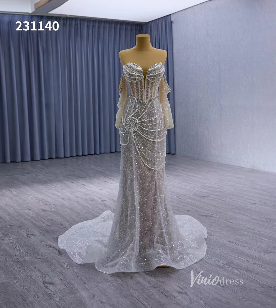 chinese dress ladies Nude Pearl Beaded Lace Mermaid Wedding Dresses Removable Long Sleeve P –  Viniodress
