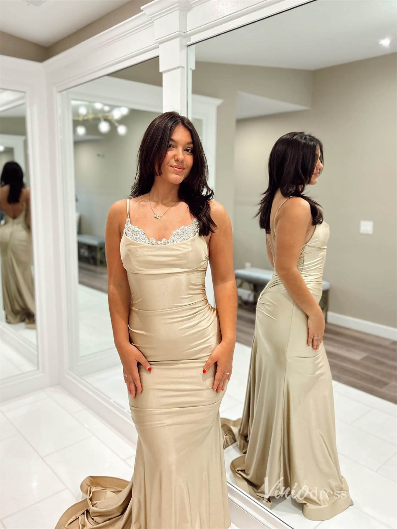 Nude Satin Mermaid Prom Dresses Spaghetti Strap Evening Dress FD3677-prom dresses 2025 -Viniodress-Nude-Custom Size-