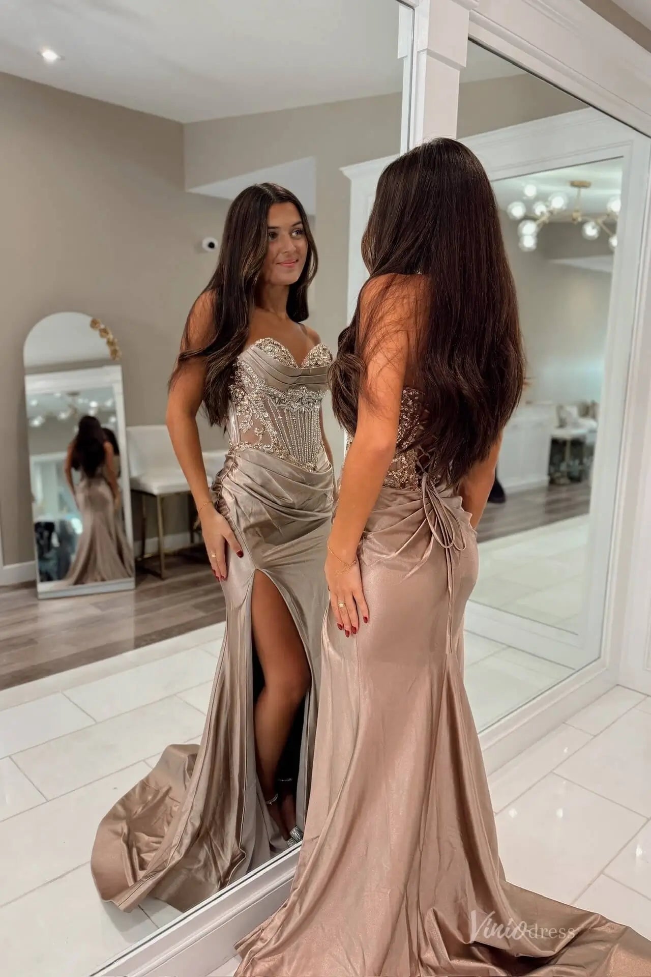 Champagne Sheer Beaded Corset Mermaid Prom Dress with Sweetheart Neck & High Slit – SS172-prom dresses 2026-Viniodress-Champagne-Custom Size-