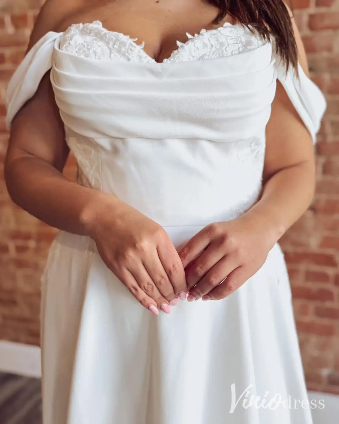 Off-Shoulder A-Line Wedding Dress with Cowl Neck, Lace Train, and Pockets – MN133-wedding dresses 2025 -Viniodress-Ivory-Custom Size-