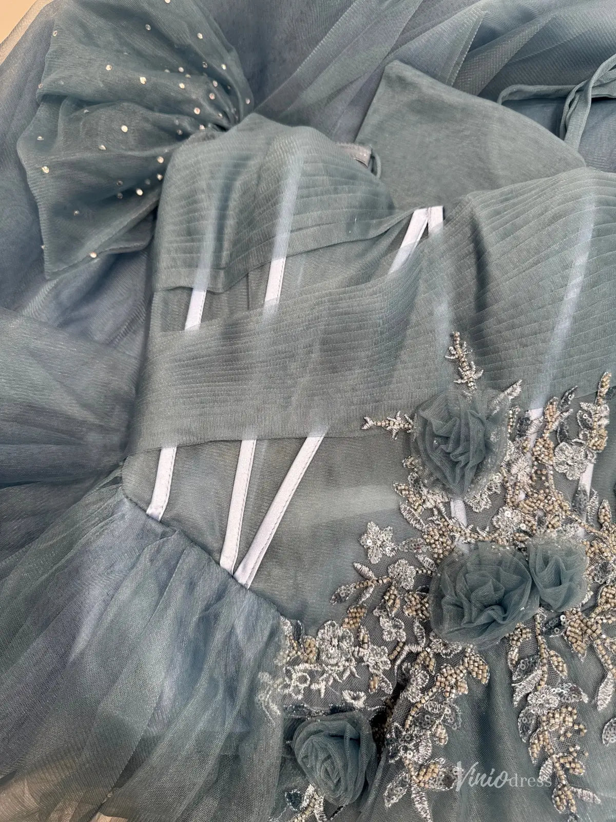 Off Shoulder Dusty Blue Prom Dress with Corset Bodice and Layered Tulle Skirt FD3216-prom dresses 2026-Viniodress-Dusty Blue-Custom Size – Add Measurements in Cart-