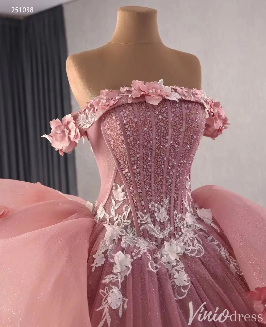 Off Shoulder Pink Quinceañera Dress with 3D Floral Appliques and Ruffle Train 251038-Quinceanera Dresses 2025 -Viniodress-Pink-Custom Size-