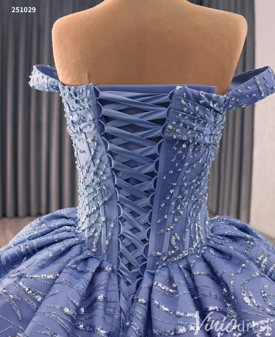 Off Shoulder Royal Blue Glitter Quinceañera Dress with Corset Back 251029-Quinceanera Dresses 2025 -Viniodress-Dusty Blue-Custom Size-