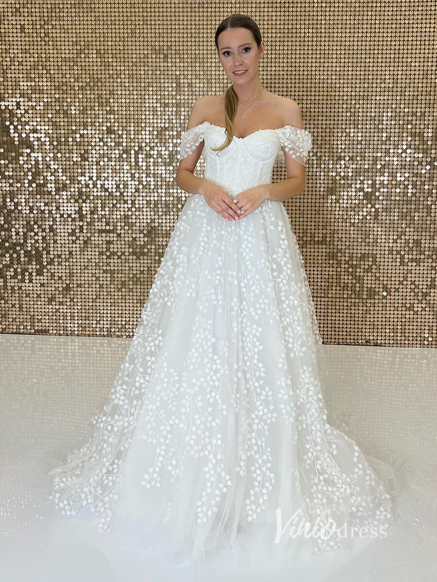 Off the Shoulder Bell Orchid Lace Wedding Dresses VW2113-wedding dresses 2025 -Viniodress-Ivory-Custom Size-