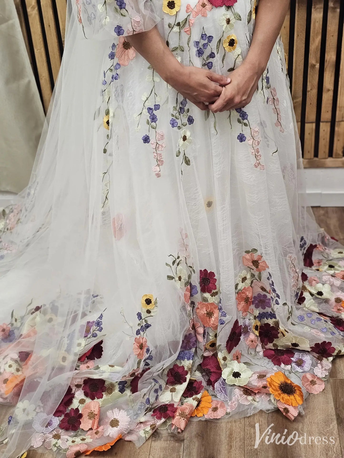 Off the Shoulder Colorful Floral Wedding Dresses with Detachable Puff Sleeves FW165-wedding dresses 2025 -Viniodress-Ivory-Custom Size-