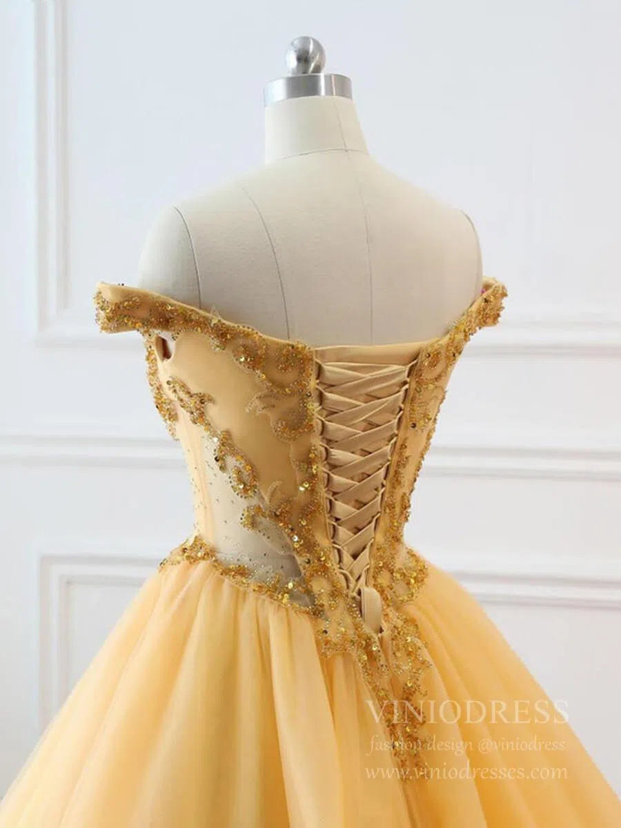 Off the Shoulder Gold Beaded Quinceanera Dresses Sweet 15 Dress FD1682-prom dresses 2025 -Viniodress-Gold-Custom Size-