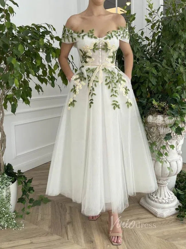Off the Shoulder Midi Prom Dress Green Leaf Appliqued Prom Tea Length –  Viniodress