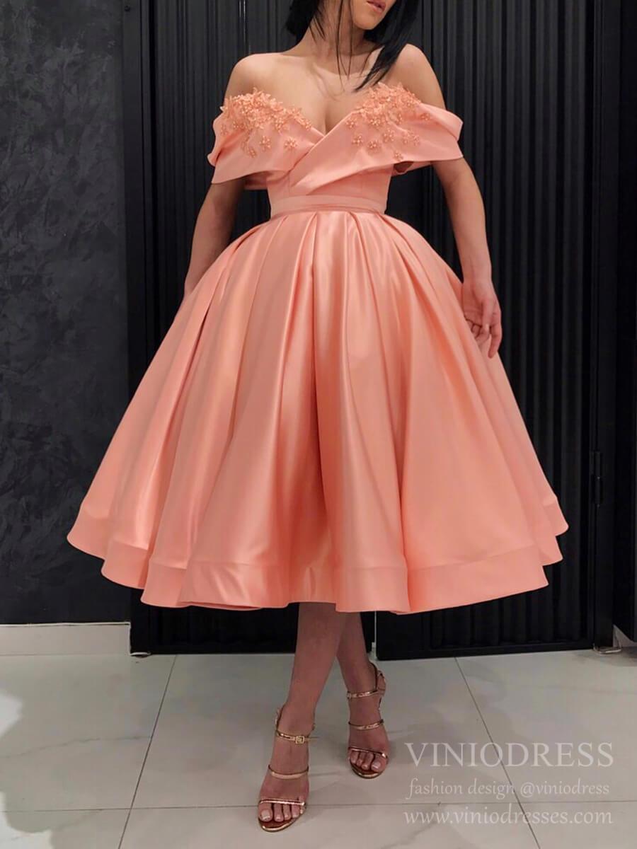 Off the Shoulder Peach Midi Length Prom Dresses with Pockets SD1288B Viniodress Off the Shoulder Peach Midi Length Prom Dresses with Pockets SD1288B Viniodress