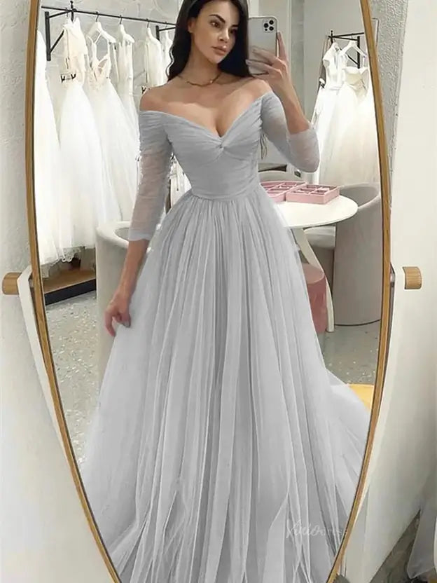 Off the Shoulder Pleated Tulle Prom Dresses with V-Neck & Long Sleeve - FD5101-prom dresses 2025 -Viniodress-Silver-Custom Size-