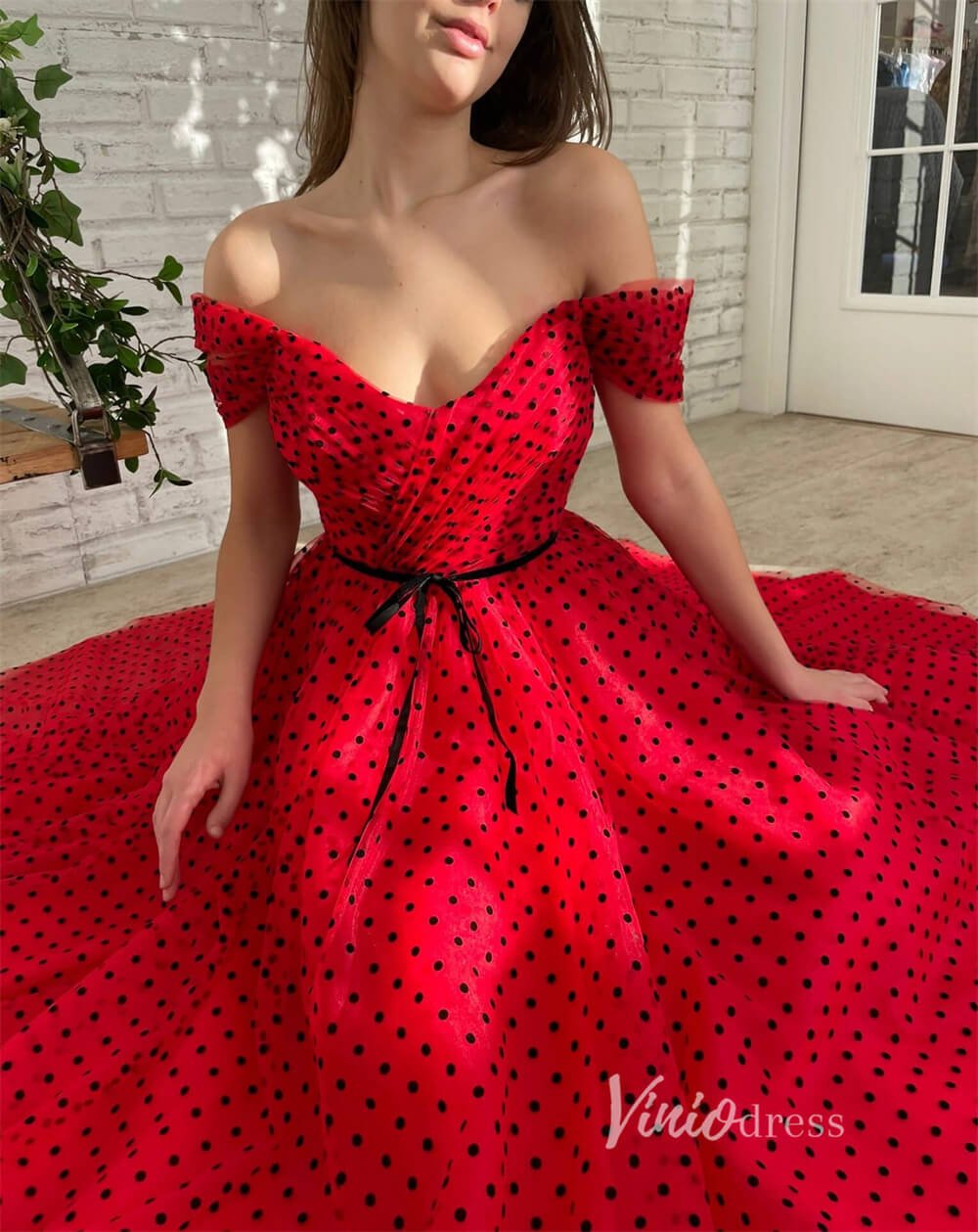Off the Shoulder Prom Dresses Black Dotted Red Maxi Dress SD1437B-Homecoming Dresses 2025 -Viniodress-Red-Custom Size-