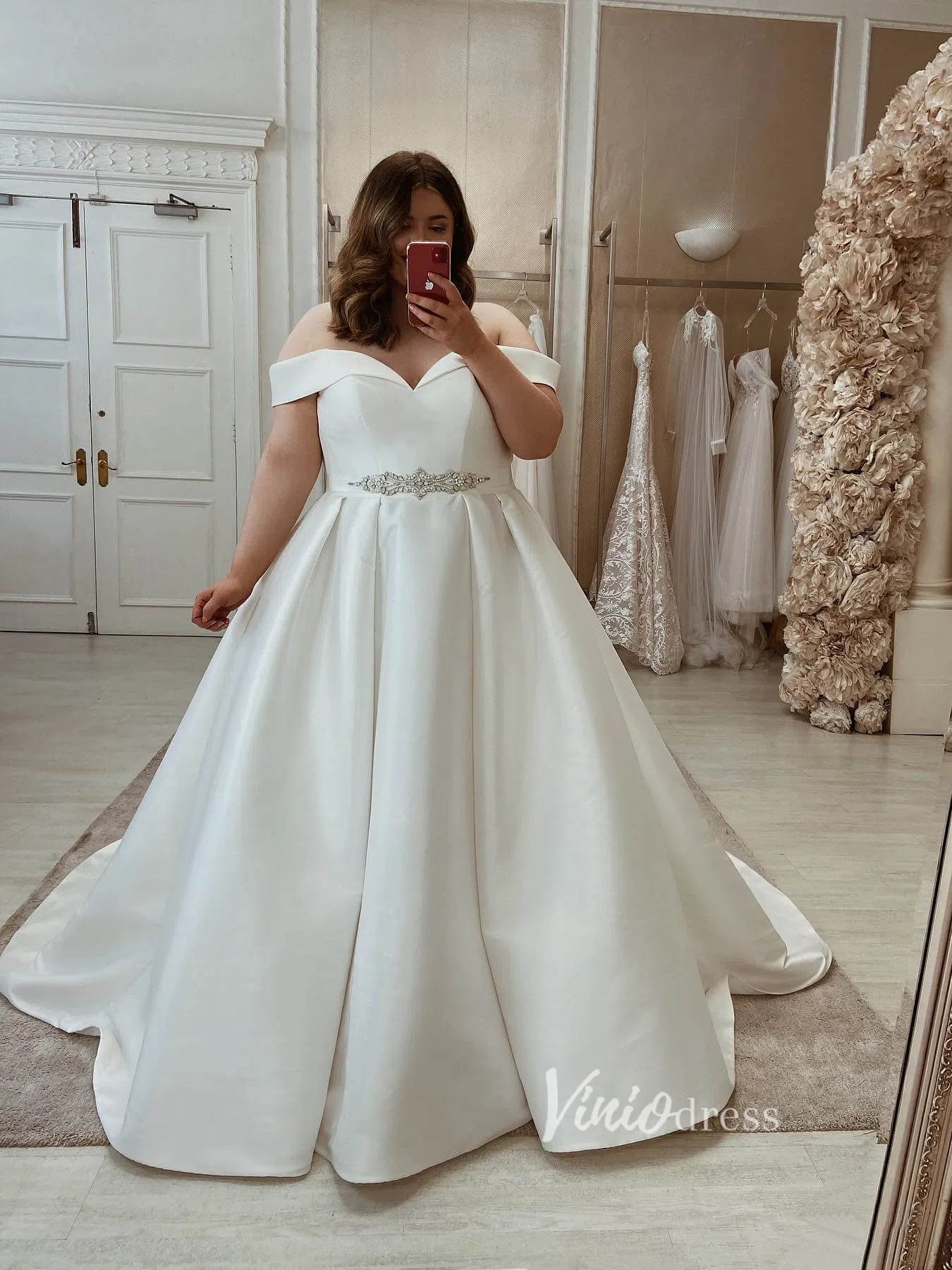 Off the Shoulder Satin Wedding Dresses Plus Size VW1021 – Viniodress