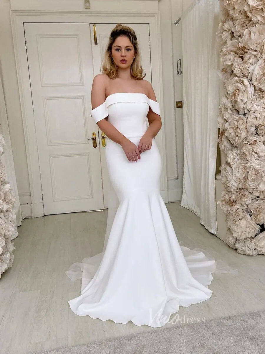 Off the Shoulder Simple Mermaid Wedding Dresses VW1876-wedding dresses 2025 -Viniodress-Ivory-Custom Size-