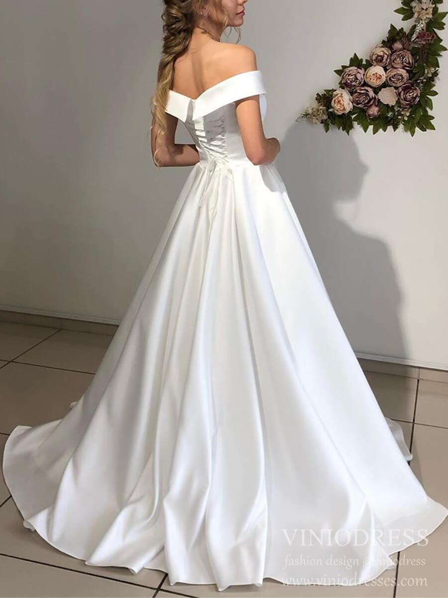Off the Shoulder Wedding Dress Simple Bridal Dress with Decorative Corset Back VW1562-wedding dresses 2025 -Viniodress-Ivory-Custom Size-