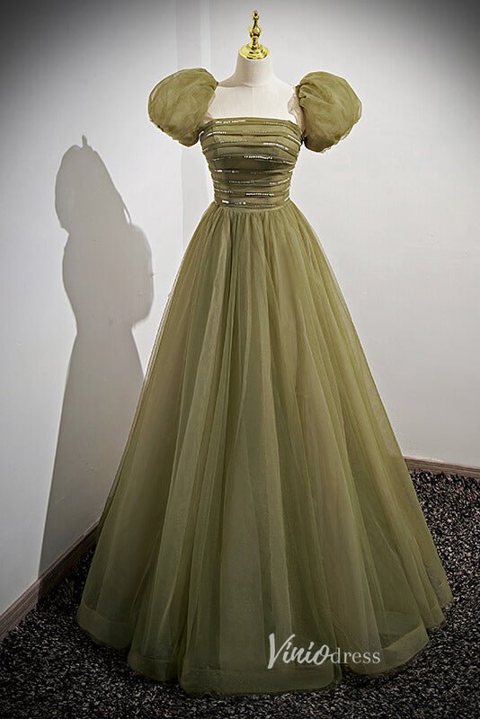 Olive Green Puffed Sleeve Prom Dresses Beaded Tulle Formal Dress FD900 Viniodress Olive Green Puffed Sleeve Prom Dresses Beaded Tulle Formal Dress FD900 Viniodress