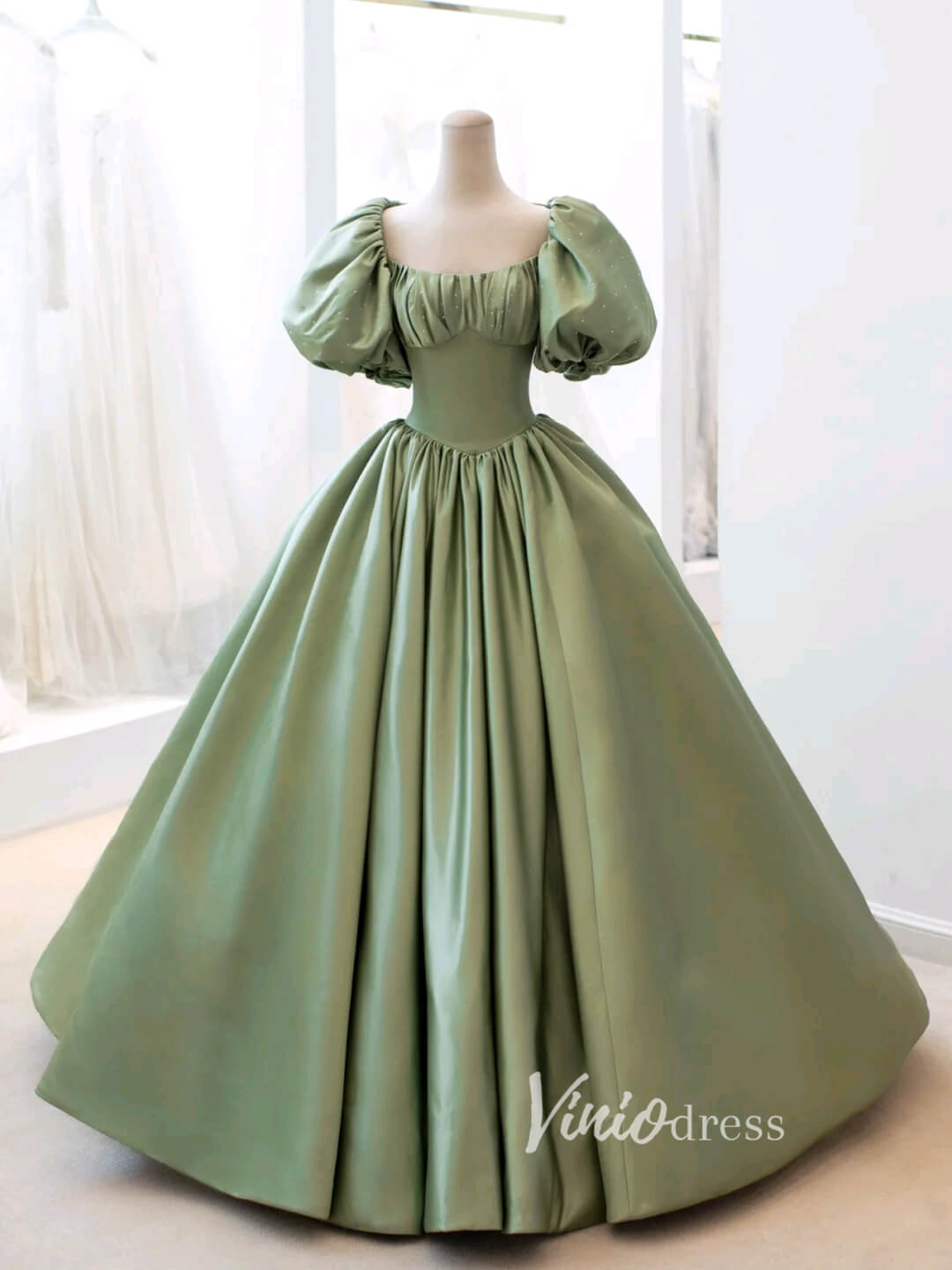 Olive Green Satin Prom Dresses Puffed Sleeve Ball Gown FD3433 – Viniodress