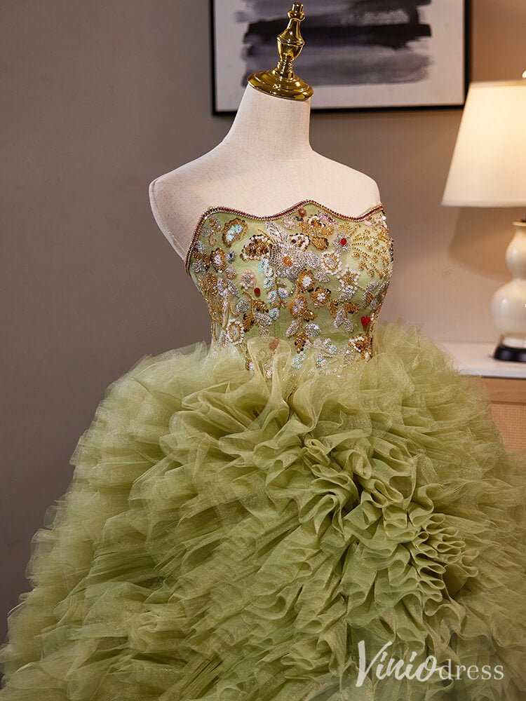 Olive Green Tiered Ruffled Quinceanera Dress Strapless Beaded Lace Prom Ball Gown AD1303-Quinceanera Dresses 2025 -Viniodress-Olive Green-Custom Size-