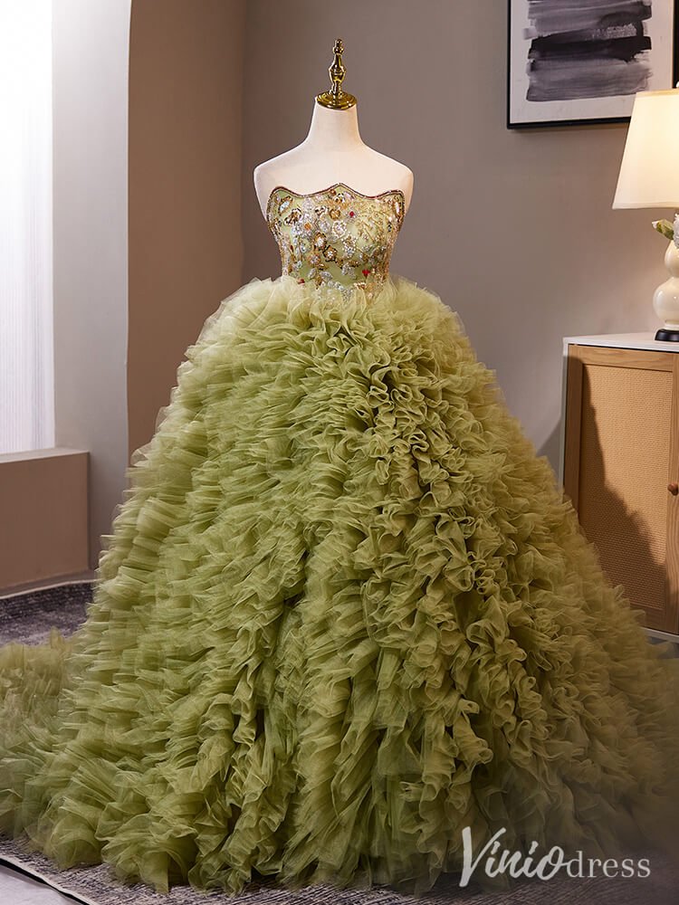 green emerald velvet dress Olive Green Tiered Ruffled Quinceanera Dress Strapless Beaded Lace Pro –  Viniodress