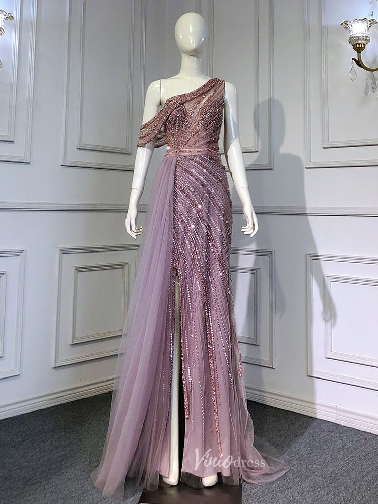 fitted lace wedding dress One Shoulder Beaded Prom Dresses 1920s Evening Dress with Slit 20044 –  Viniodress