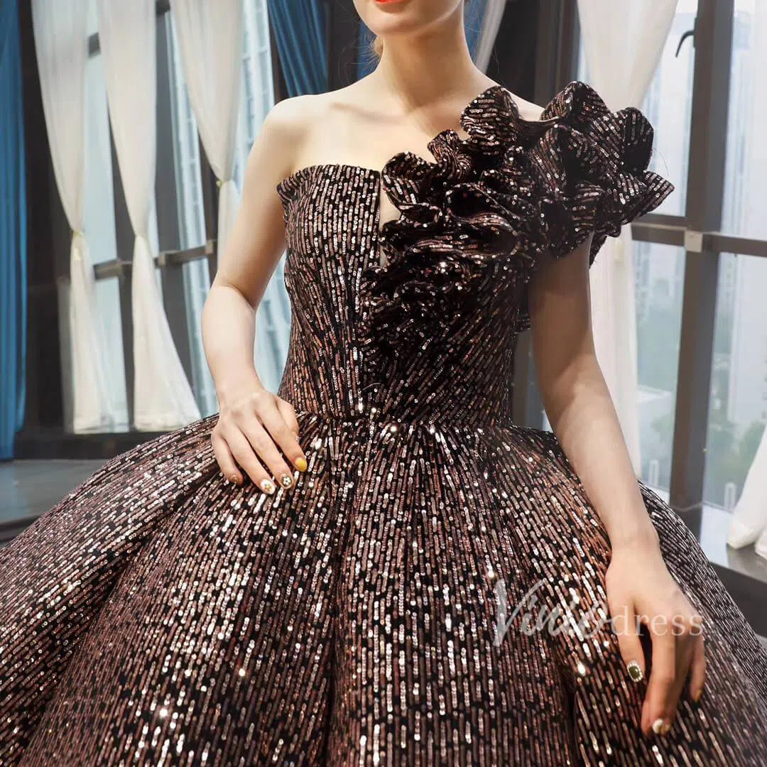 One Shoulder Black Quinceañera Dress Sparkling Ball Gown Prom Dress FD1281 viniodress-Quinceanera Dresses 2025 -Viniodress-Purple-US 2-