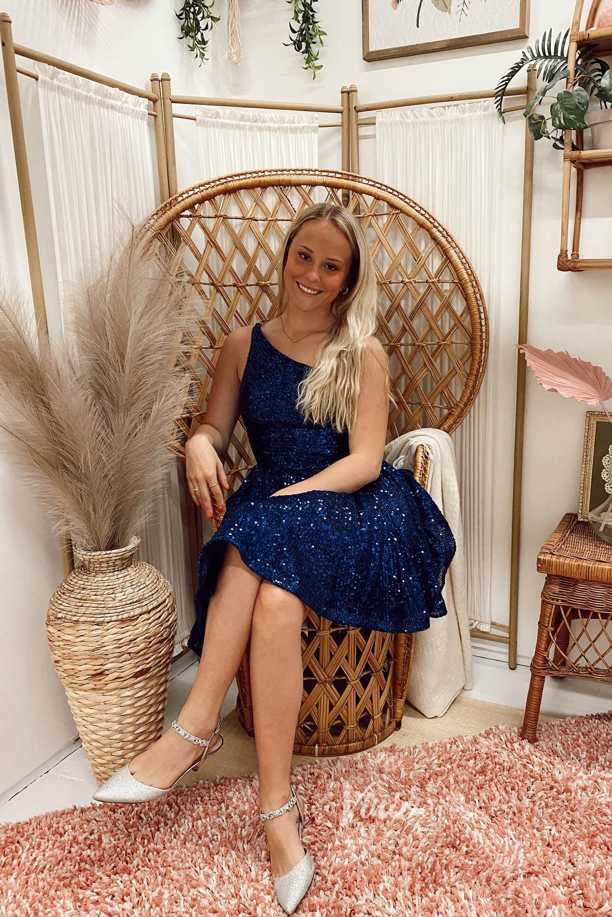 One Shoulder Blue Sequin Homecoming Dresses A-line Short Graduation Dress SD1520-Homecoming Dresses 2025 -Viniodress-Navy Blue-Custom Size-