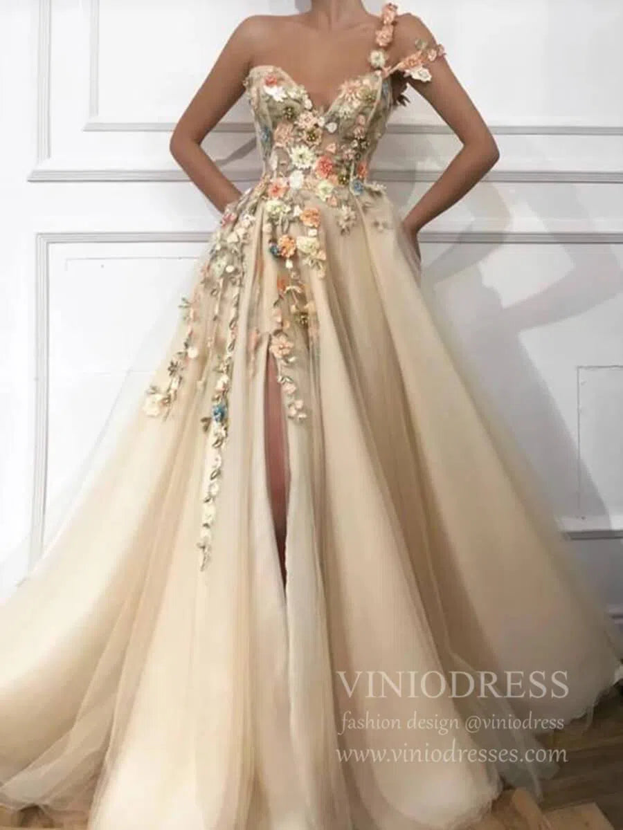 One Shoulder Champagne Long Prom Dresses 3D Flower Formal Dress FD1716 –  Viniodress