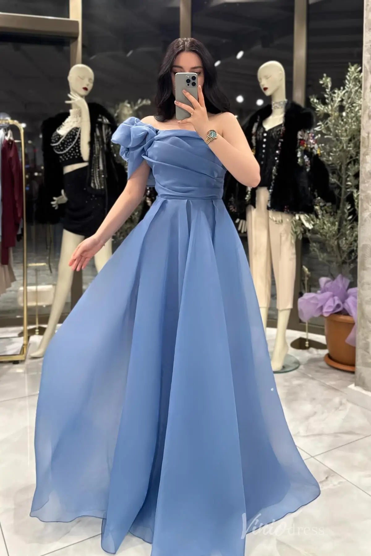 One-Shoulder Formal Dress with Puffy Sleeve, Ruched Bodice, and Flowing Organza Skirt – AS031-prom dresses 2025 -Viniodress-Dusty Blue-Custom Size-