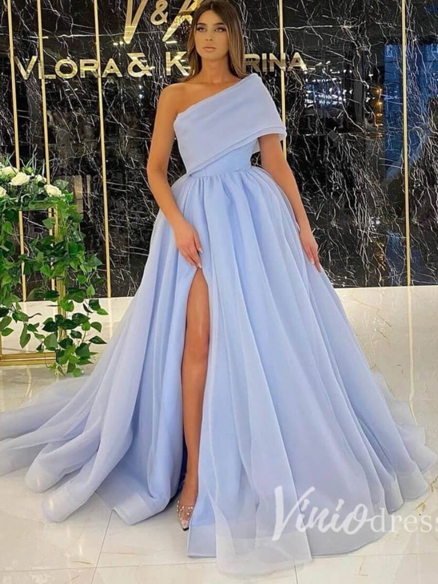 One Shoulder Light Blue Prom Dress with Slit Formal Ball Gown FD2702-prom dresses 2025 -Viniodress-Light Blue-Custom Size-