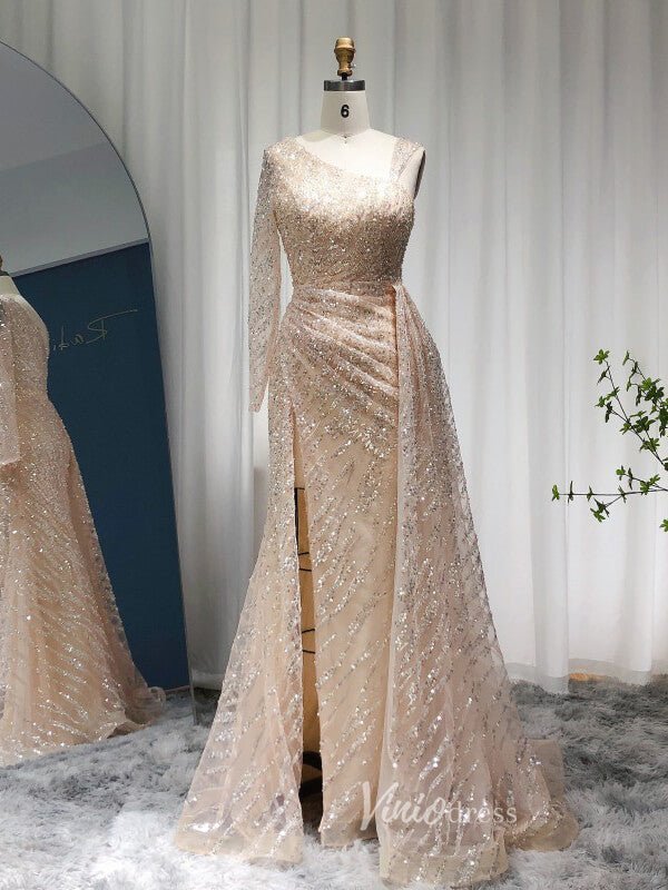One Shoulder Long Sleeve Prom Dresses High Slit Champagne Beaded Eveni Viniodress One Shoulder Long Sleeve Prom Dresses High Slit Champagne Beaded Eveni Viniodress