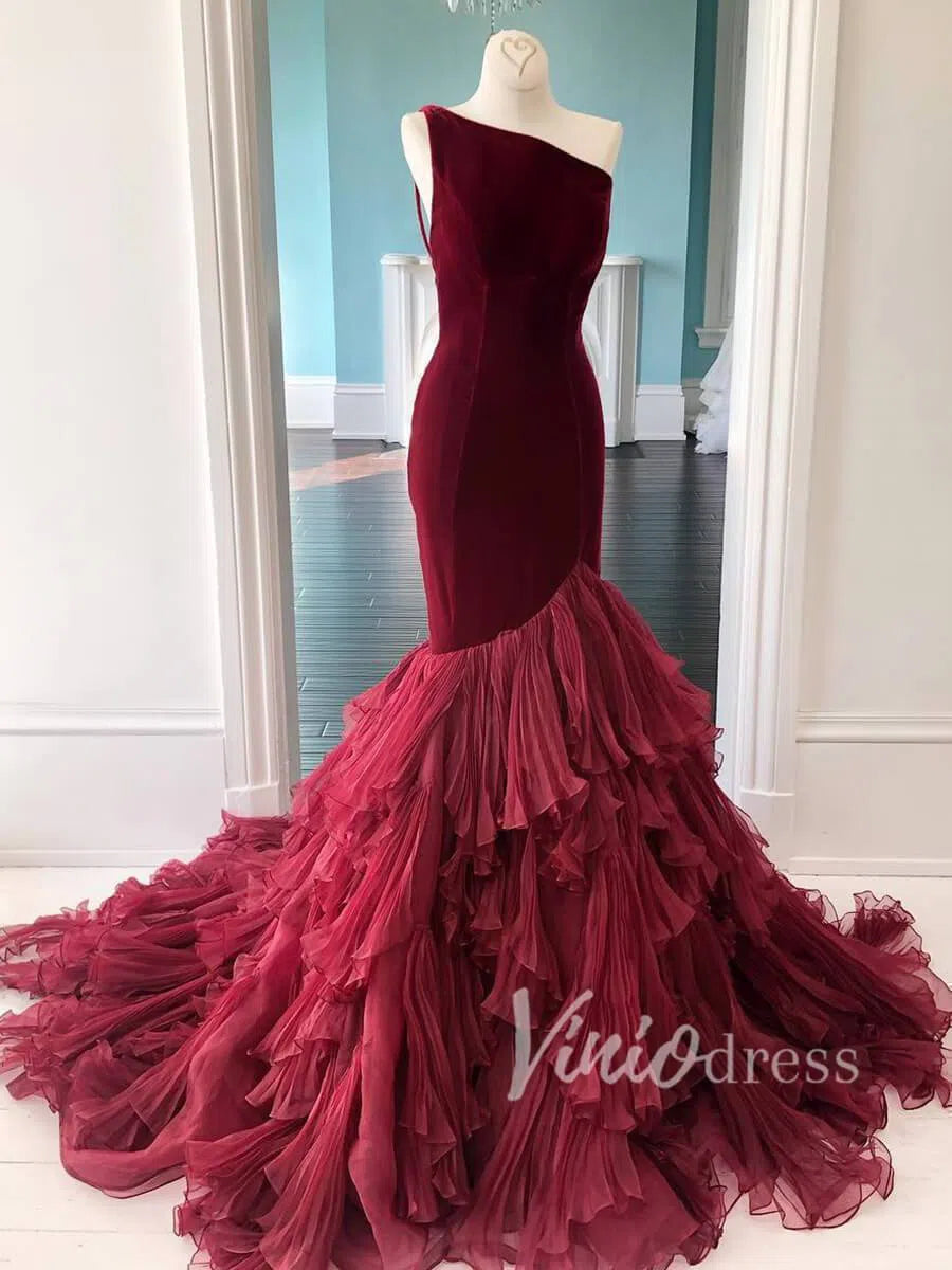 One Shoulder Mermaid Prom Dress Velvet Bodice & Pleated Ruffle Skirt P Viniodress One Shoulder Mermaid Prom Dress Velvet Bodice & Pleated Ruffle Skirt P Viniodress