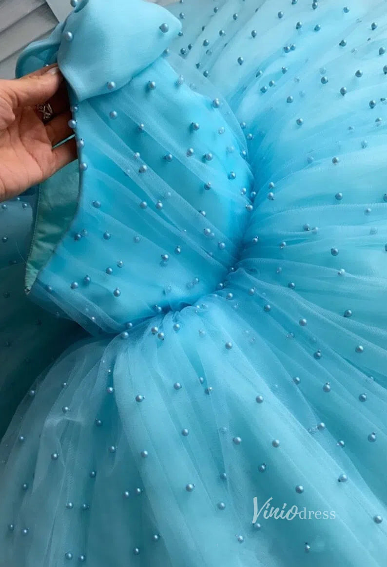 One Shoulder Pearl Flower Girl Dresses for Wedding GL1117-flower girl dresses 2025 -Viniodress-Aqua-Custom Size-
