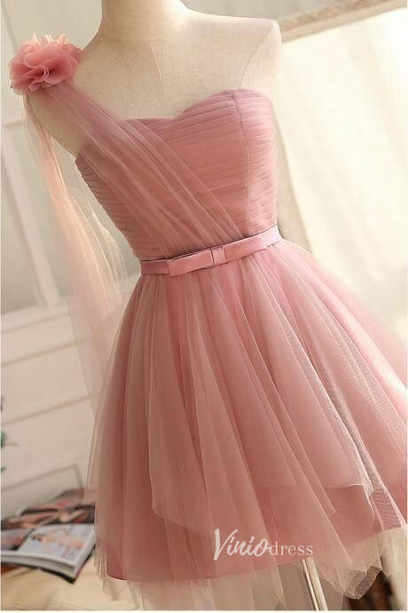 One Shoulder Pink Tulle Homecoming Dresses Short Prom Dress SD1546-Homecoming Dresses 2025 -Viniodress-Pink-Custom Size-